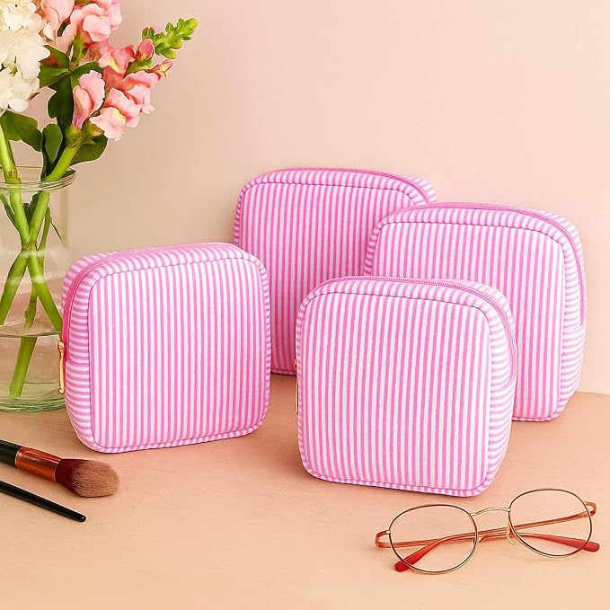 Sanwuta 6 Seersucker Cosmetic Bag Bulk Striped Makeup Bag for Women Aesthetic Cute Travel Toiletry Organizer Preppy Storage Pouch for Wedding Bridesmaid Mother's Day Teacher Gift (Small,Pink) - Image 4