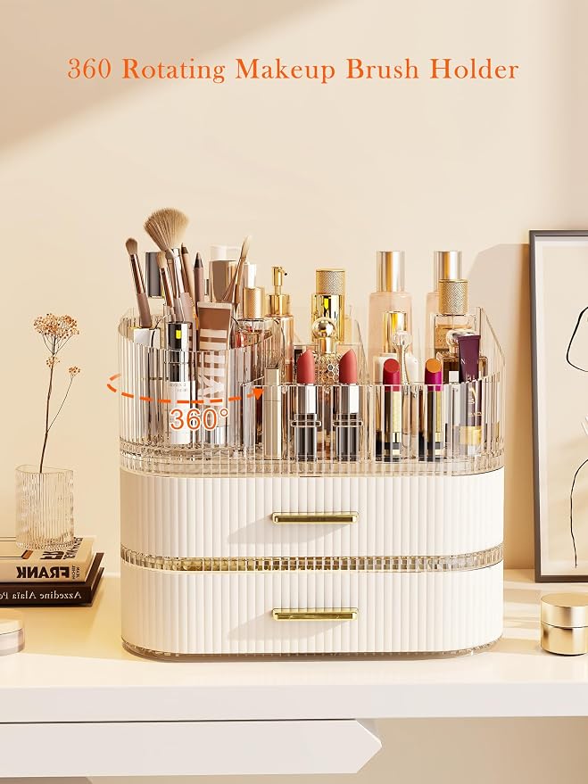 Makeup Organizer with Stackable Drawer, 360 Rotating Makeup Brush Holder, 11-inch Wide Large Cosmetic Display Case, Skincare Organizers and Storage for Dresser, Vanity, Bathroom Countertop - Image 3