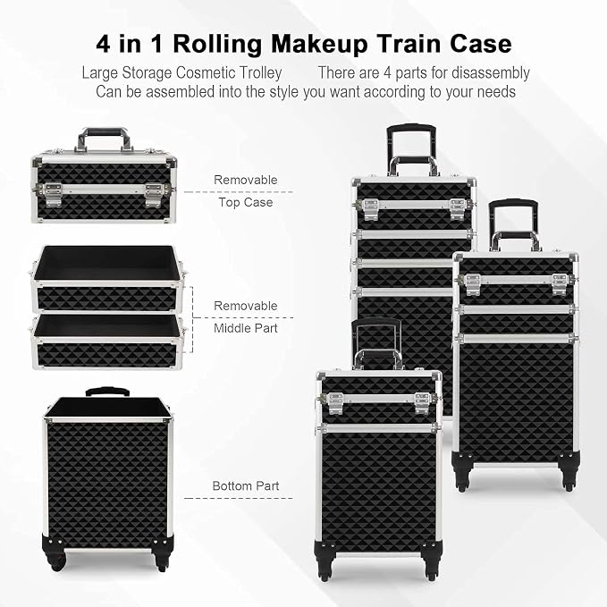 4 in 1 Professional Makeup Train Cases Large Storage Cosmetic Case 4 Wheels Lockable Rolling Makeup Trolley Diamond Surface (BLACK) - Image 3