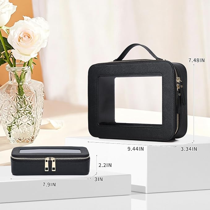 Travel Makeup Bag, Black, L+Slim | With Brush Case, Transparent, Waterproof, Zipper Closure - Image 3