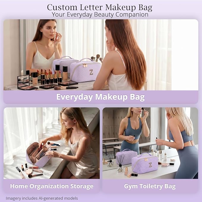 Personalized Gift Travel Makeup Bag: Initial Makeup Organizer Bag for Women | 3-in-1 Custom Make up Bag Set - Vegan Leather Travel Cosmetic Bag - Luxury Gift for Women – Birthday, Anniversary, Graduation - Image 9