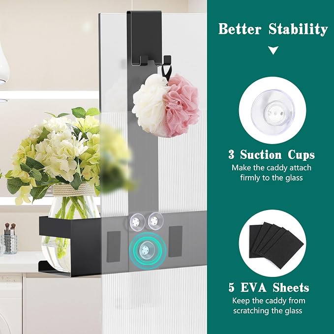 Emibele Over The Door Shower Caddy, 304 Stainless Steel Hanging Shower Caddy Rustproof Shower Shelves, No Drilling Hanging Shower Organizer for Bathroom Glass Door, Black - Image 5