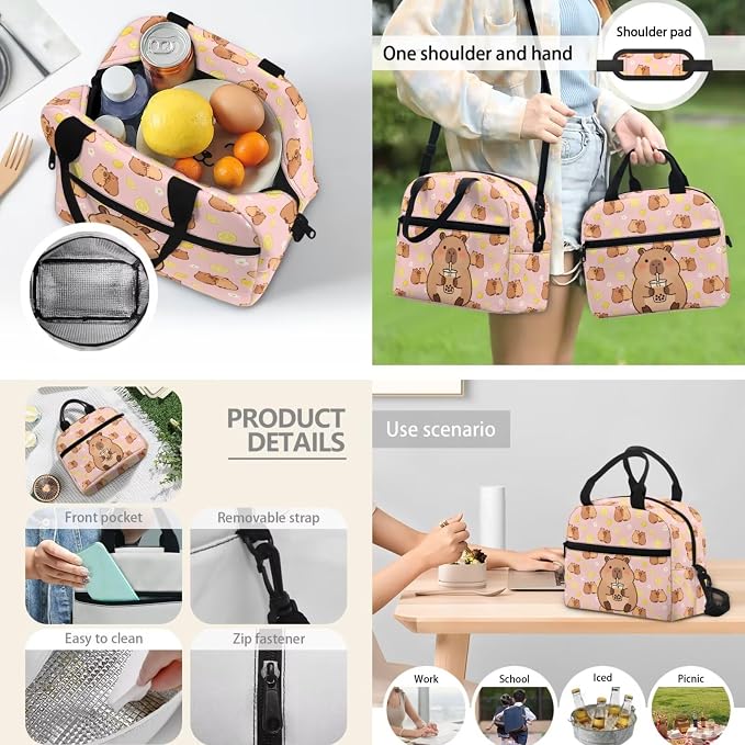 Cute School Backpack for Girls, Kids Capybara Milk Tea Backpack School Bookbags with Insulated Lunch Box Pencil Case 3 in 1, Lightweight School Bag - Image 3