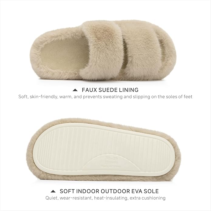 Chantomoo Women's Memory Foam Fuzzy Comfy Faux Fur House Shoes - Furry Bedroom Indoor Open Toe Slippers with Two Bands - Trendy Gift Slippers