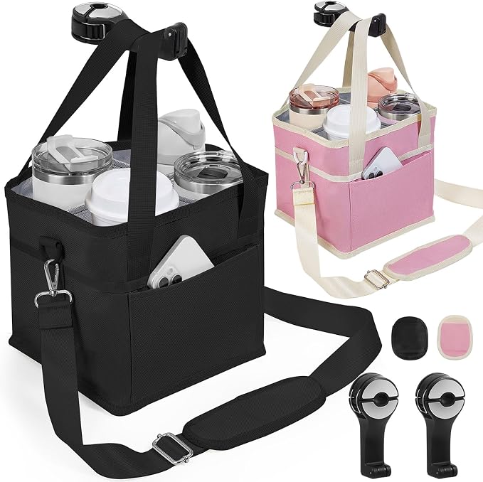 2 Pack Drink Carrier Tote Bags - 4 Water Bottle Holder with Strap, Family Size Multiple Tumbler Carrier Caddy, Hands Free, Insulated, Reusable, Foldable, Adjustable Dividers, for Car, Delivery by ANTAND