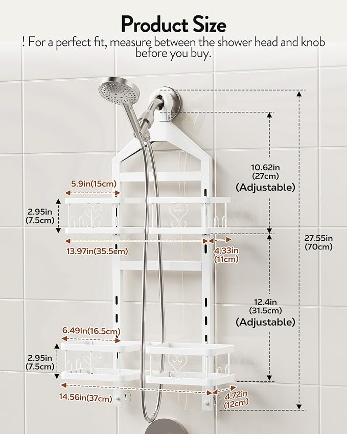 Orimade Adjustable Hanging Shower Caddy for Handheld Shower Heads, Rustproof Bathroom Shelf Organizer Over Showerhead Storage Rack with 8 Hooks, Easy-Clean Removable Baskets & Triple Anti-Slip, White - Image 6