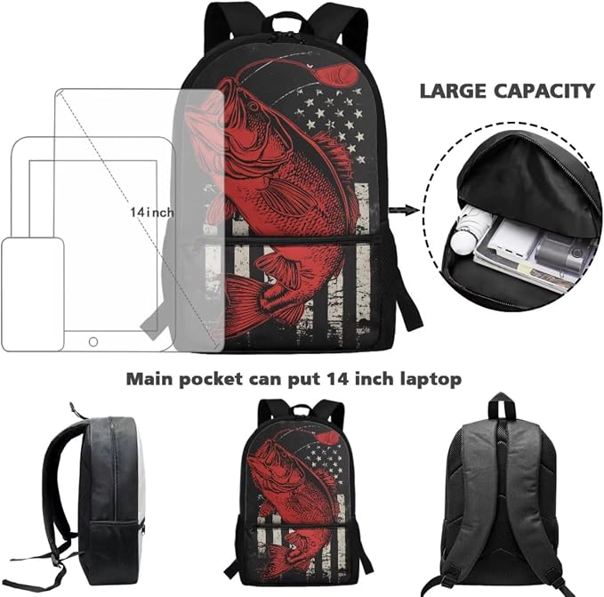Patriotic Fishing Backpack Boys Lunch Box Set for 8-12 Elementary 4th of July School Bag and Pencil Case 4-in-1 Kids American Flag Fishing Bookbag Outdoor Rucksack - Image 4