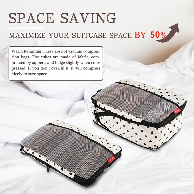 U+U 6 Set Compression Packing Cubes - Travel Organizers with Laundry Bag, Space-Saving Suitcase Organizer, Expandable Packing Organizers for Travel Essentials (Polka Dot) - Image 5