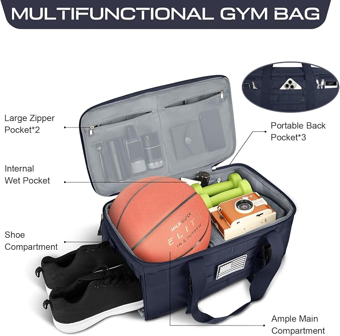 Gym Bags for Men Women, Military Travel Duffle Bag Backpack with Shoe Compartment, 3 in 1 Carry on with Wet Pocket, Weekender Overnight Range Backpack for Workout Football Gym, Blue - Image 2