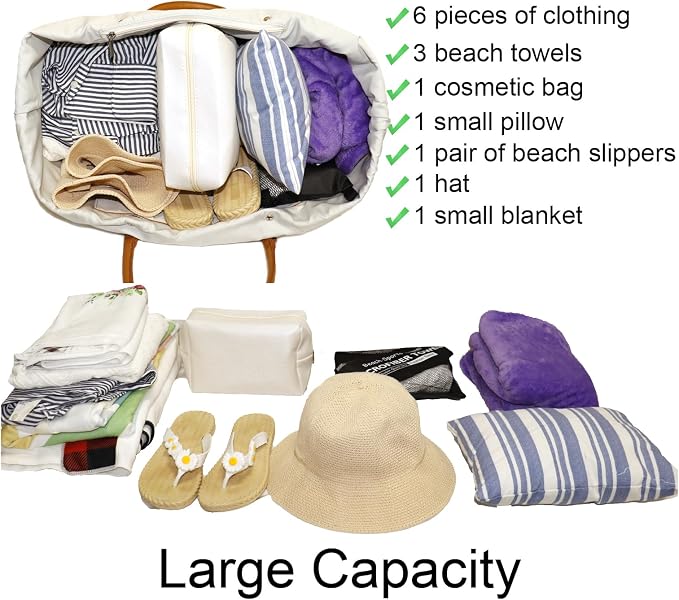 Lamyba Beach Bag with Vegan Leather Handle, Extra Large Beach Bag for Women Waterproof Sandproof, White | with Vegan Leather Handle - Image 7