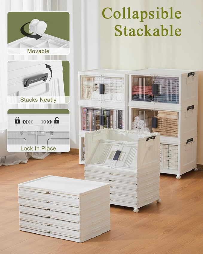 OlarHike 48QT Lockable Stackable Storage Bins with Lids - Folding Storage Boxes with Doors & Wheels, Collapsible Plastic Box for Home, Dorm, Office, Closets, School, Stackable Organizers, 6 Pack Cubes - Image 2