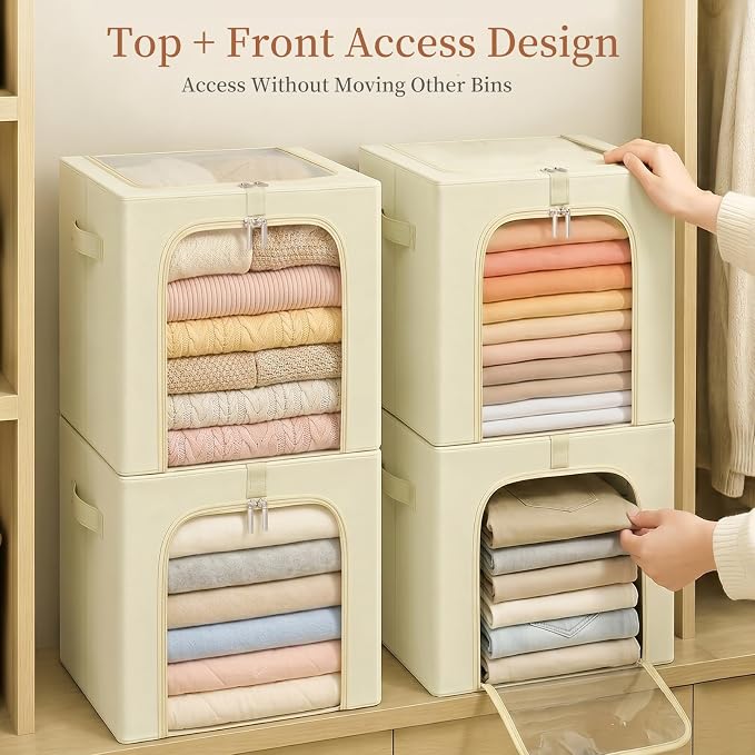 GoMaihe Clothes Storage Bins with Metal Frame, 55L Blanket Storage Boxes for Above Shelf Closet, 6 Pack Stackable Clothing Storage Organizer with Clear Window for Bedding Sweaters Comforters – Beige - Image 4