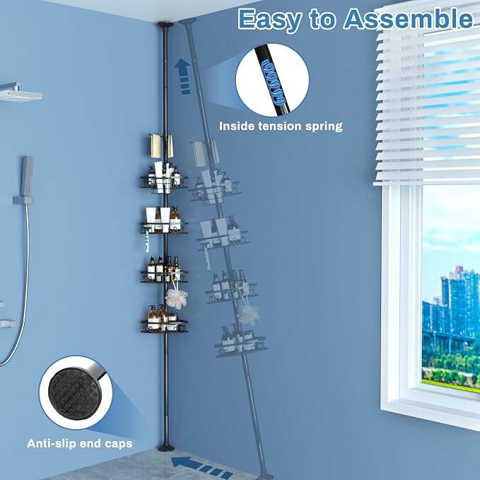 cutefafa Rustproof Corner Shower Caddy Freestanding Tension Pole, 4 Large Baskets for Bathtub Shampoo Storage Organizer Bathroom Height Adjustable Shelves from 23.6 to 114.5 Inch with Towel Bar - Image 7