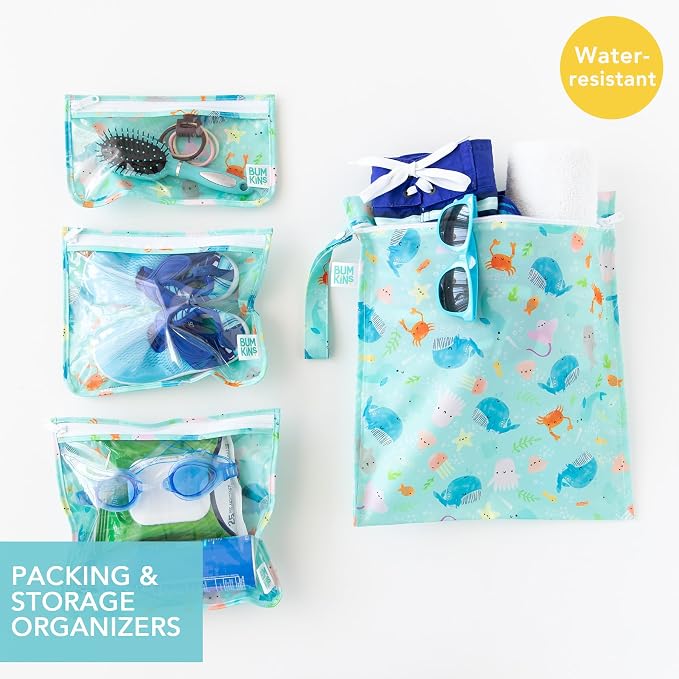 Bumkins - Waterproof Wet Bag & Clear Travel Bags - For Beach, Baby, Travel, Swim Suit, Cloth Diapers, Pump Parts, Pool, Gym, Toiletries - Reusable & Easy to Clean - Ocean Life Blue - 4 Pack - Image 3