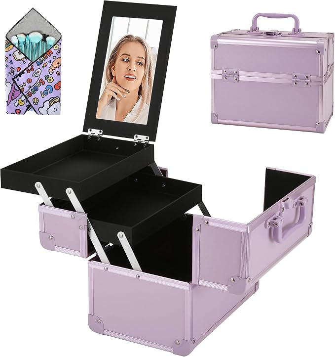 Makeup Train Case, Portable Makeup Case with Mirror, 2-Trays Cosmetic Organizer Case,Nail Polish Organizer, Travel Makeup Box, Profesional for Salon Barber, Purple by Unknown