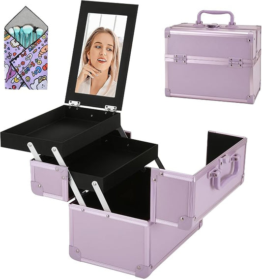 Makeup Train Case, Portable Makeup Case with Mirror, 2-Trays Cosmetic Organizer Case,Nail Polish Organizer, Travel Makeup Box, Profesional for Salon Barber, Purple by Unknown
