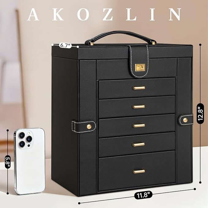 AKOZLIN 6-Tier Jewelry Box Organizer Functional 5 Drawers Leather Jewelry Storage Case for Women Girls Ring Necklace Earring Bracelet Holder Organizer with Mirror Extra Large Black - Image 4