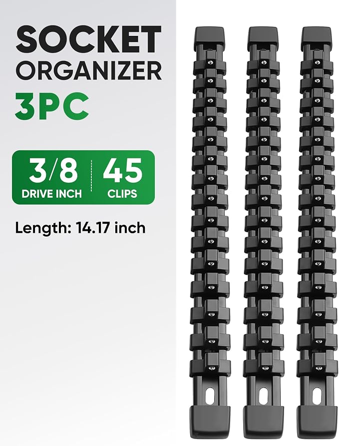 ALOANES 3PC ABS Socket Organizer, Socket Rails Fit 3/8 inch Drive | Portable Heavy Duty Socket Holders Hold up 45 Sockets for Toolbox Drawer Bags(Black) - Image 2