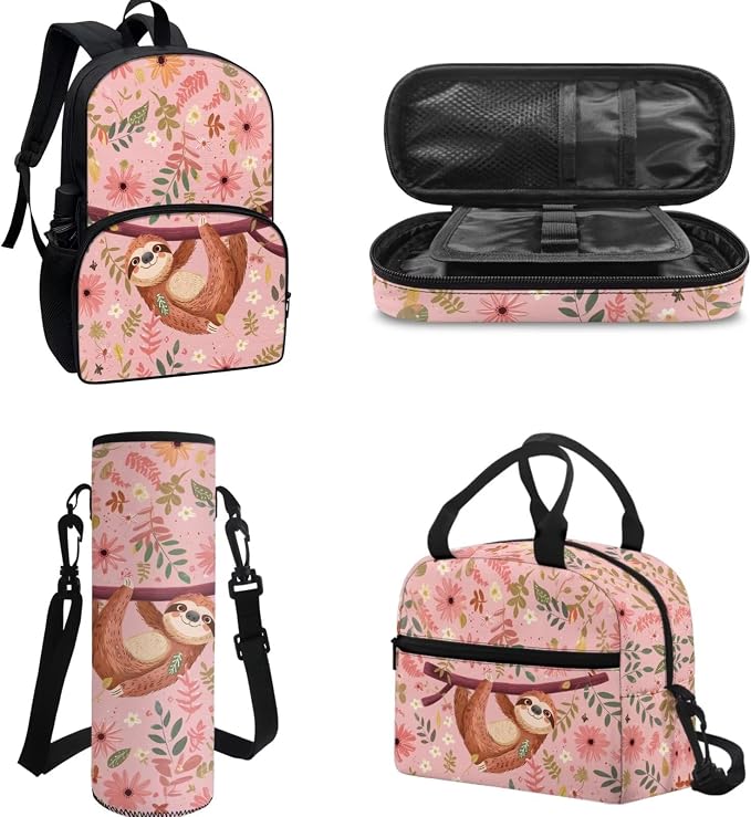 4 Pcs Sloth Schoolbag Set Cute Sloth Backpack School Bag Set with Large Pencil Holder Pouch Crossbody Water Bottle Holder Bag Insulated Lunch Box Student Girls Back to School Gift - Image 2