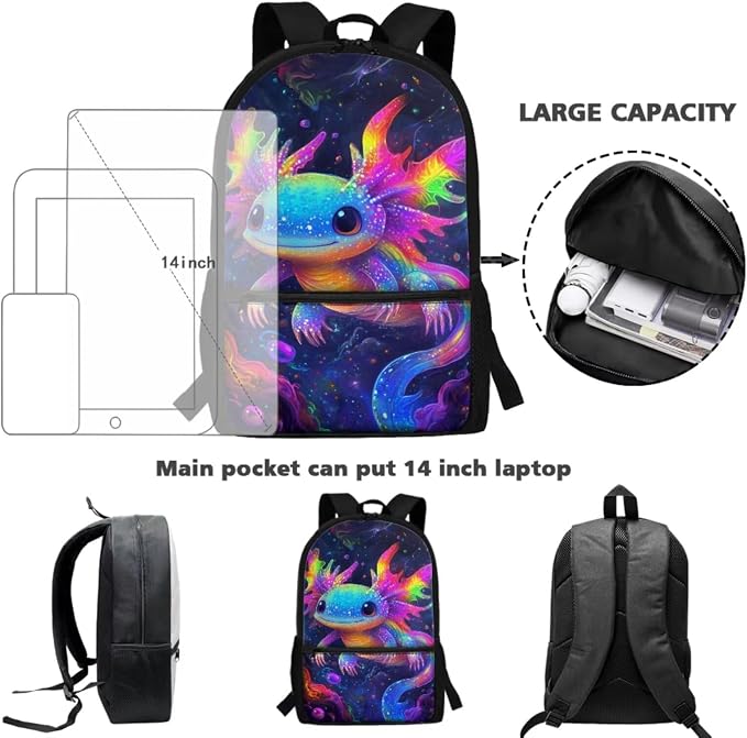 Axolotl Backpack and Lunch Box 17 Inch Elementary School Backpacks with Lunch Box Cute Animal Print Bookbag/Lunch Bag/Pencil Case/Water Bottle Holder, 4 Piece Back to School Bags - Image 4