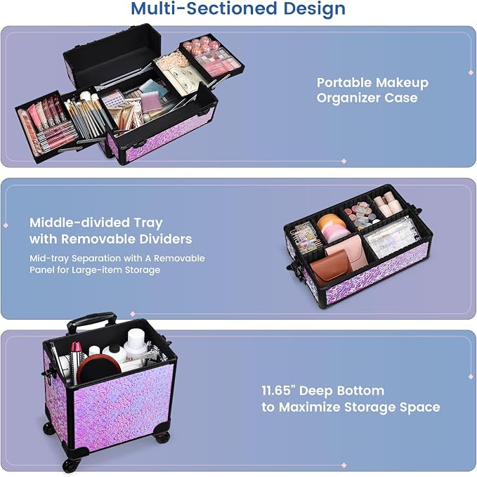 FRENESSA 3 in 1 Rolling Makeup Train Case Professional Cosmetic Trolley Large Storage with Keys Swivel Wheels Salon Barber Case Traveling Cart Trunk for Make Up Hairstylists Nail Tech, Shiny Purple - Image 2