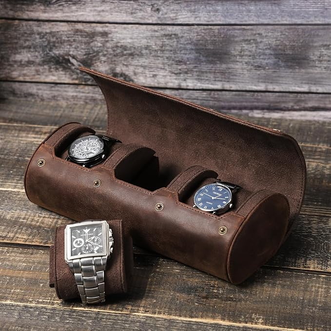 Genuine Leather Watch Roll Travel Case,3 Slots Vintage Full Grain Leather Watch Box with Pillow for Men,Watch Storage Organizer for Home Storage,Gifts - Image 6