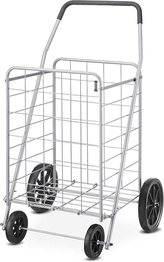 Whitmor Deluxe Utility Foldable Shopping Cart with Wheels, 100 Lb Capacity, Heavy Duty Grocery Cart with Steel Frame, Foam Handle, Rolling Folding Utility Trolley for Grocery, Laundry, Travel, Gray by Whitmor