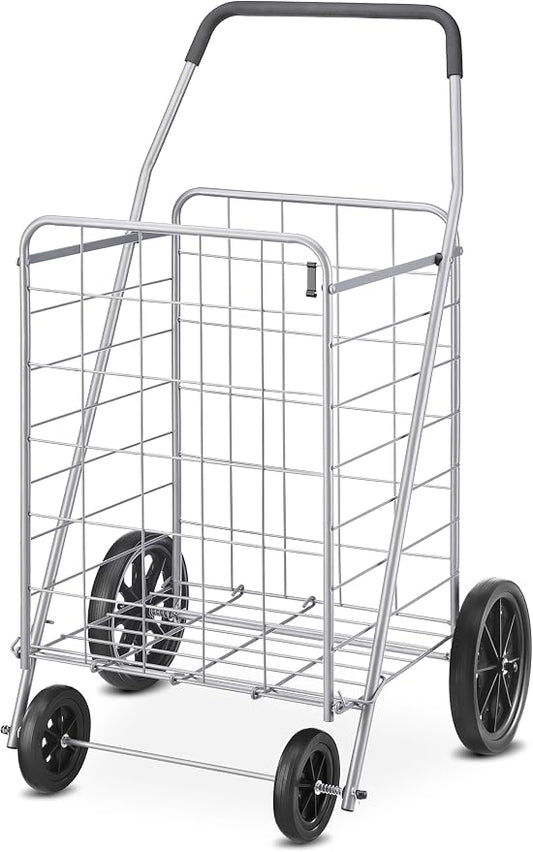 Whitmor Deluxe Utility Foldable Shopping Cart with Wheels, 100 Lb Capacity, Heavy Duty Grocery Cart with Steel Frame, Foam Handle, Rolling Folding Utility Trolley for Grocery, Laundry, Travel, Gray by Whitmor