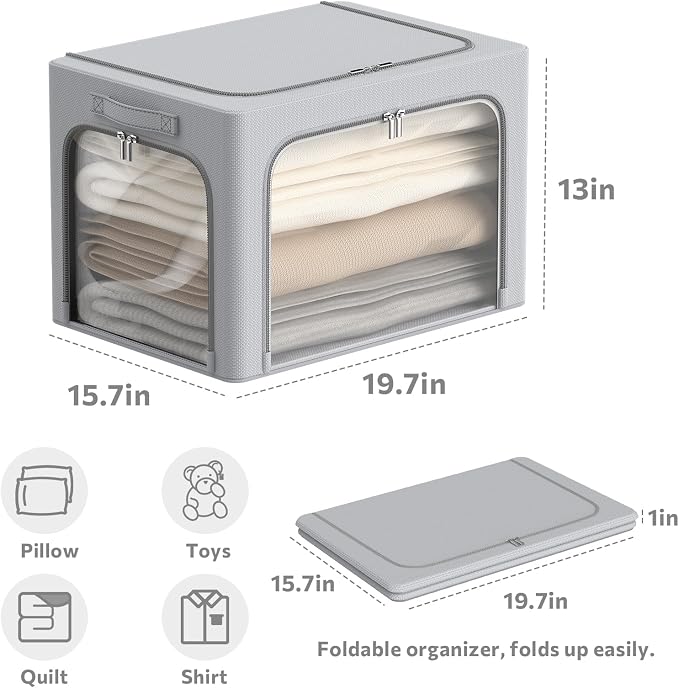 3Pack Clothes Storage Bins - Oxford Frame Storage Box Foldable Stackable Storage Organizer with 3 Openings Design, Metal Frame, Clear Window, Carry Handles (66L-19.7 * 15.7 * 13, Grey) - Image 5