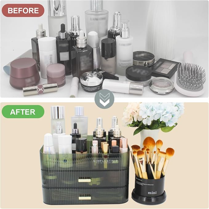 Makeup Organizer with 2 Drawers, Cosmetics Organizer for Bedroom and Bathroom Vanity Countertops, Large Capacity Cosmetic Storage Box for Skincare Cream Perfume Lipstick Dresser Counter-Green - Image 4