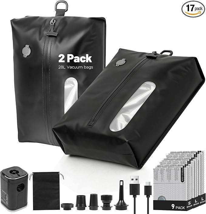11-Pack Travel Vacuum Bags with Pump, 2×28L TPU Waterproof Vacuum Seal Bags + 9 PA&PE Compression Bags (S/M/L),Space Saver for Clothing, Luggage,Travel,Backpacks & Suitcases,Home Storage by SpaceSaving