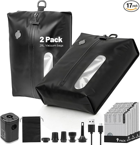 11-Pack Travel Vacuum Bags with Pump, 2×28L TPU Waterproof Vacuum Seal Bags + 9 PA&PE Compression Bags (S/M/L),Space Saver for Clothing, Luggage,Travel,Backpacks & Suitcases,Home Storage by SpaceSaving