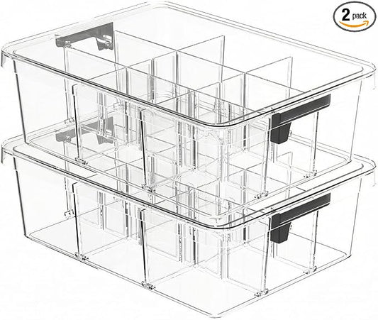 Socks Bra Underwear Drawer Organizer for Closet, 2 PCS Plastic Storage Box with 9 Removable Compartments and Lid, Clear Dresser Drawer Organizer Storage Container with Dividers for Sock Ties Belts by Unknown