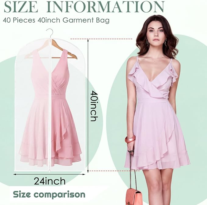 Amylove 40 Pcs 24 x 40 Inch Garment Bags Bulk Hanging Clothes Storage Covers for Closet Organization Dustproof Long Dress Bag Set for Wedding Dresses Gowns Coats Travel Suit (Translucent) - Image 2