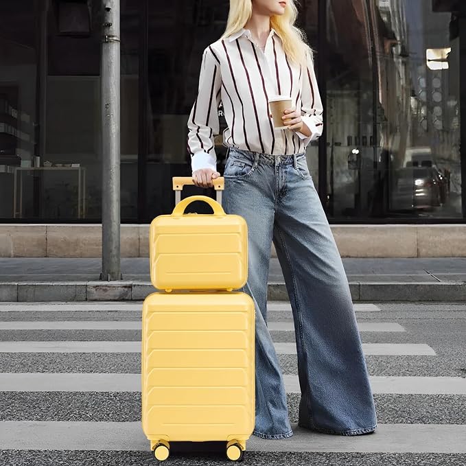 2-Piece ABS Hard Shell Lightweight Carry-On Luggage Set (14" & 20"), 360-Degree Spinner Wheels, Adjustable Telescopic Handle and Combination Lock for Travel, Yellow - Image 8