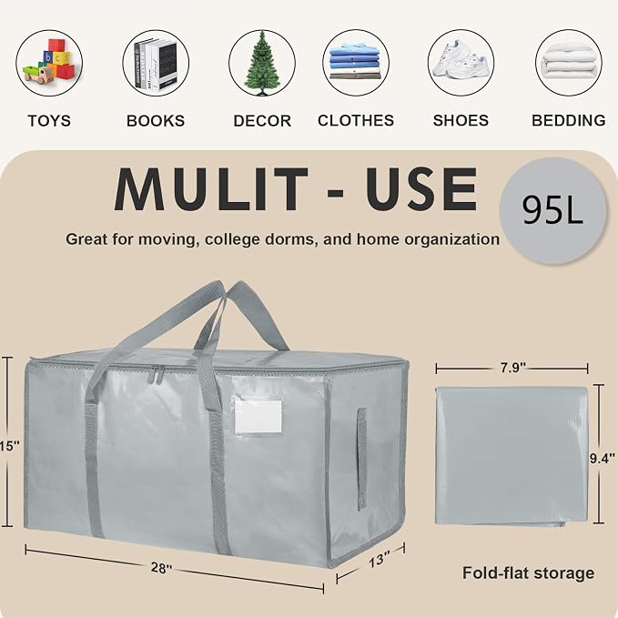 16 Pack-Extra Large Heavy Duty Moving Bags - Waterproof Storage Totes with Handles & Zippers, Foldable for College Dorm, Storage (light gray) - Image 2