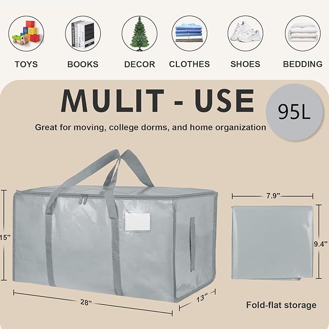 8 Pack-Extra Large Heavy Duty Moving Bags - Waterproof Storage Totes with Handles & Zippers, Foldable for College Dorm, Storage (light gray) - Image 2