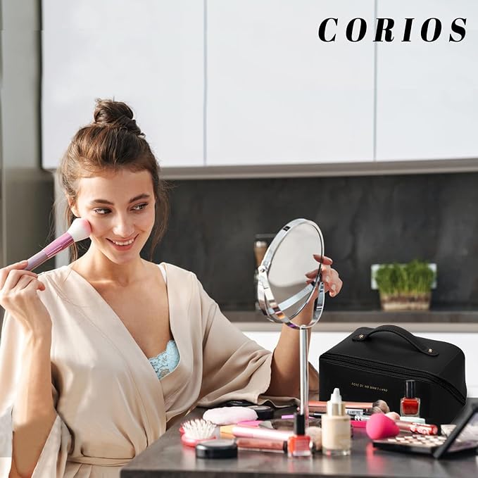 CORIOS Toiletry Bag For Women Portable Make Up Bag Waterproof Wash Bag PU Leather Cosmetic Bag Bathroom Shower Bag Multifunctional Travel Organizer For Shampoo, Cosmetics, Toiletries Black - Image 2