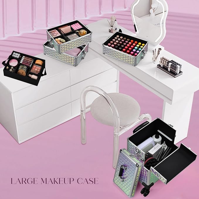 Yueieoun 5 in 1 Rolling Makeup Case, Cosmetology Case on Wheels Travel Make up Train Case Nail Cart Makeup Organizer Cosmetic Storage Box Cases Extra Large Trolley Truck with 360° Swivel Wheels, Pink - Image 7