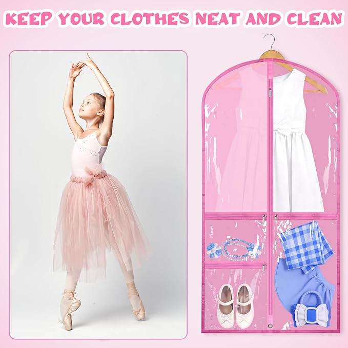 Geelin 14 Pcs Garment Bags for Dance Costumes PVC Clear with Zippers 20 x 40 Inch Garment Bag with Pockets Dance Costume Organizer Carrier for Storage Cover for Adult(Pink) - Image 5