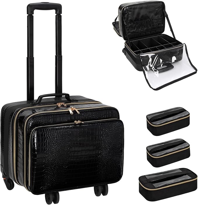 OCHEAL 18 Inch Rolling Makeup Train Case, Extra Large Travel Cosmetic Organizer Storage Trolley with Wheels, 3 Layers & 3 Travel Makeup Bags Carry On for Hairstylist Cosmetology Artist by OCHEAL