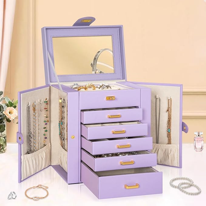AKOZLIN 6-Tier Jewelry Box Organizer Functional 5 Drawers Leather Jewelry Storage Case for Women Girls Ring Necklace Earring Bracelet Holder Organizer with Mirror Purple Regular - Image 6