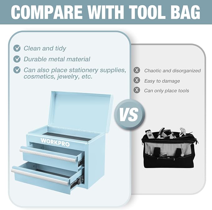 WORKPRO Metal Mini Tool Box with 2 Drawers and Top Storage | Cold Rolled Steel Toolbox, Ball Bearing Slides, PVC Drawer Liners, PP Feet Pads, Durable Storage - Image 5