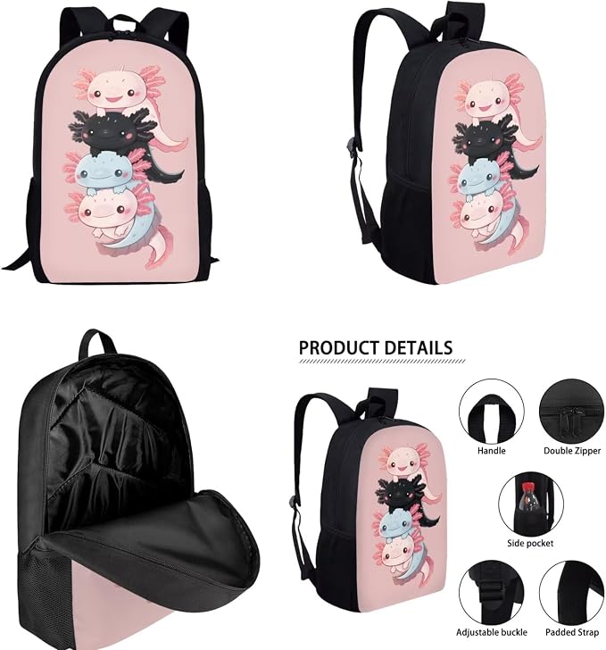 Cute Axolotl Backpack and Lunch Box for Girls 6-8/8-10 Pink Bookbag for 2nd Grade Primary/Elementary Book Bag Lunchbox Pencil Case Watter Bottle Holder 4PCS Kids Back to School Back Pack Set - Image 2