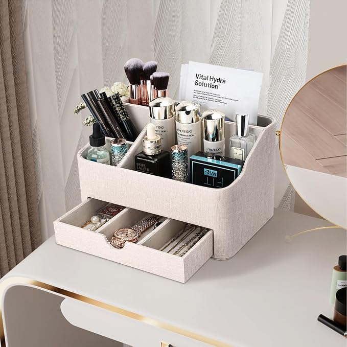 KINGFOM Leather Makeup Organizer with Drawer, Cosmetic Storage for Dresser Countertop and Bathroom Vanity, Beauty Holder for Lipstick Brush Skincare (Beige) - Image 5