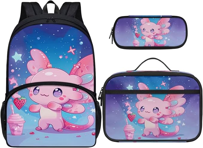 Axolotl School Backpack for Girls with Lunch Box Kawaii School Bag Set and Lunchbox Pencil Case 17 Inch Book Bags for 3rd Graders Kids Lunch Bag for Primary School by Dremagia