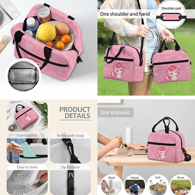 Axolotl Donuts 3Pcs Backpack Sets, Kids Bookbags Primary School Daypack Elementary Students Knapsack with Insulated Lunch Box Pencil Case for Teens - Image 3