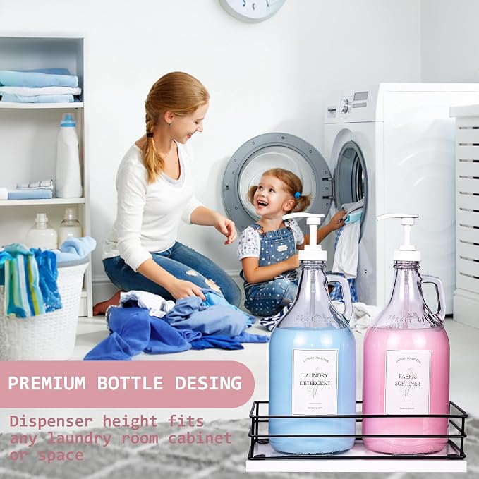 2 Pcs Glass Liquid Laundry Detergent Dispenser, Half Gallon Dispenser for Laundry Room (64 oz. Each), Laundry Detergent Bottles with Pump Dispenser -Includes Labels, Measuring Cups,Wooden Stand - Image 6