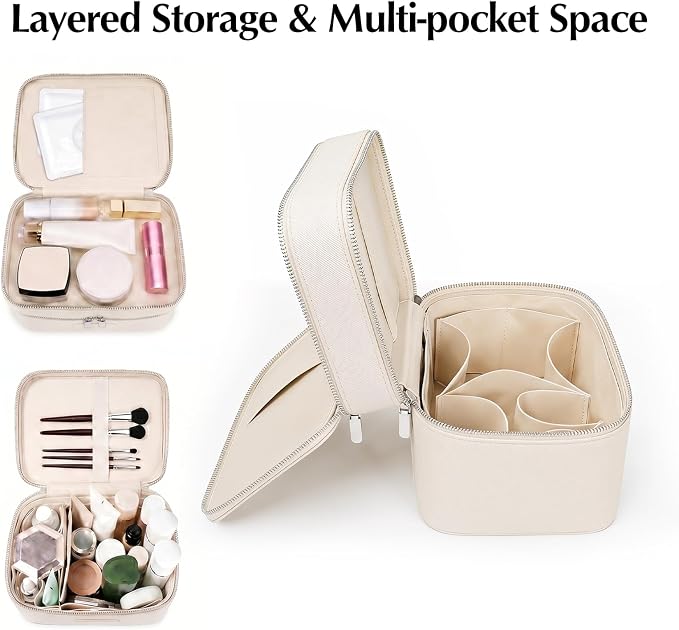 Makeup Case, Large Capacity Leather Makeup Bag for Women,Large Capacity Waterproof Double Leather Cosmetic Case,Removable Compartment Travel Organizer - Image 4