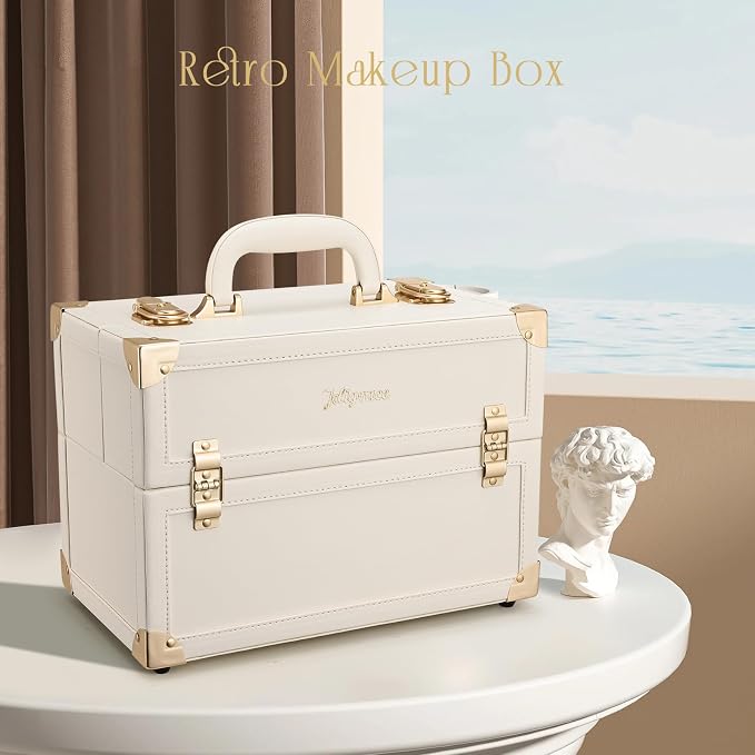 Joligrace Makeup Train Case Large Portable Cosmetic Makeup Storage Box Organizer Lockable with 4 Tray Compartments Retro Champagne Beige Vegan Leather - Image 6
